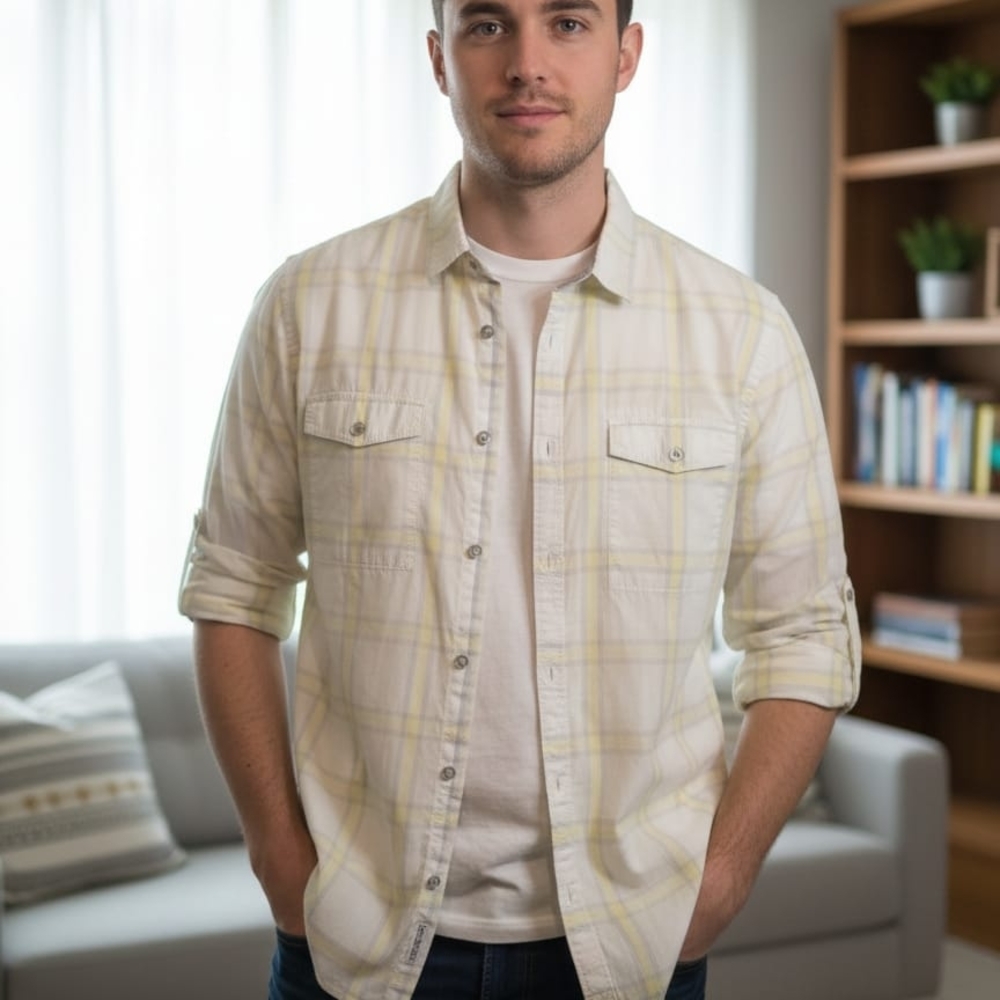 Calvin Klein Men's Light Yellow Plaid Shirt